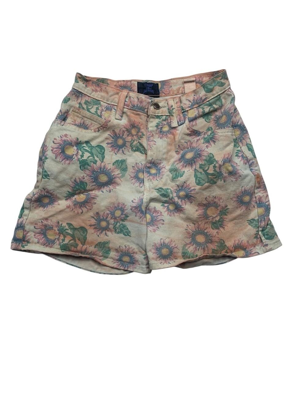 90s code bleu junior 9 26 denim Floral Sunflower Print High-Waist Shorts